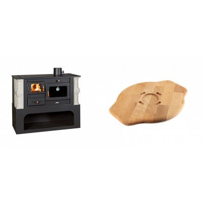 Set Küchenofen / Küchenhexe mit Backofen und Kochplatte Prity, Modell 1P34-K Alba Rechts, Keramikverkleidung, Leistung 10.1kW + Holz untersetzer für Gusseisenplatte Solagio HSYSAK28 - Kaminofen - Holzofen mit Backfach