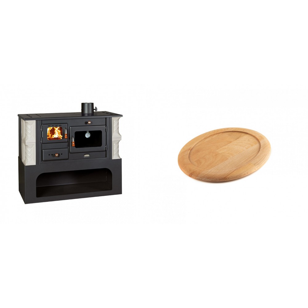 Set Küchenofen / Küchenhexe mit Backofen und Kochplatte Prity, Modell 1P34-K Alba Rechts, Keramikverkleidung, Leistung 10.1kW + Holz untersetzer für ovale gusseisenpfanne Solagio HSFT1825