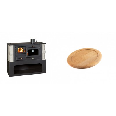 Set Küchenofen / Küchenhexe mit Backofen und Kochplatte Prity, Modell 1P34-K Alba Rechts, Keramikverkleidung, Leistung 10.1kW + Holz untersetzer für ovale gusseisenpfanne Solagio HSFT1825 - Kaminofen - Holzofen mit Backfach
