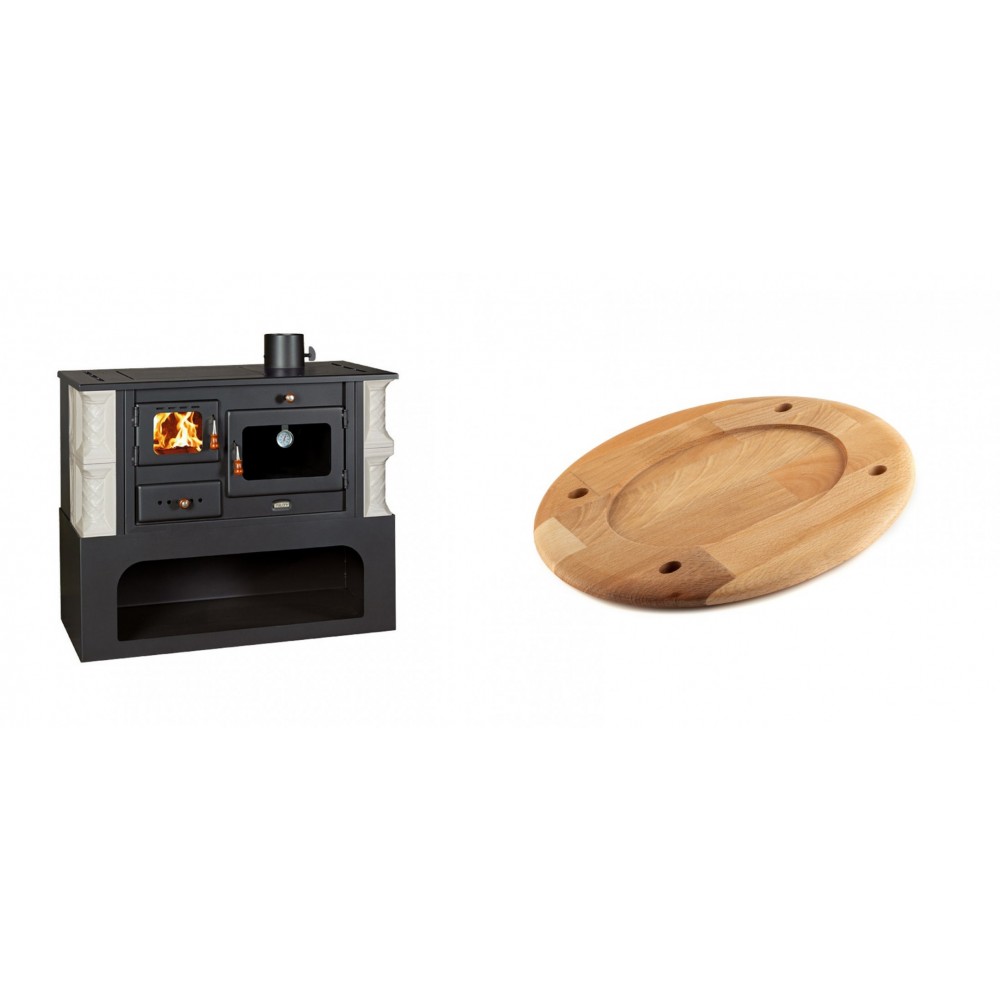 Set Küchenofen / Küchenhexe mit Backofen und Kochplatte Prity, Modell 1P34-K Alba Rechts, Keramikverkleidung, Leistung 10.1kW + Holz untersetzer für ovale platte Solagio HSOISK2533, 25x33cm | Kaminofen - Holzofen mit Backfach | Kaminofen |