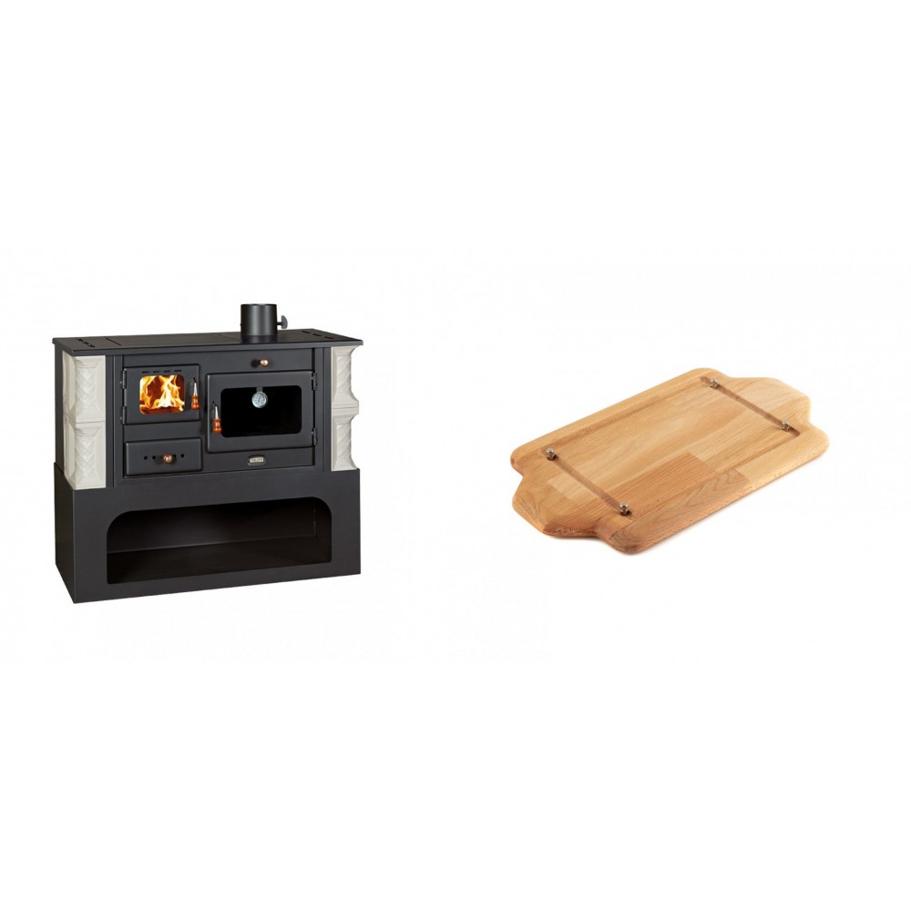 Set Küchenofen / Küchenhexe mit Backofen und Kochplatte Prity, Modell 1P34-K Alba Rechts, Keramikverkleidung, Leistung 10.1kW + Holz untersetzer für mini-gusseisenplatte Solagio HSDDHP1522