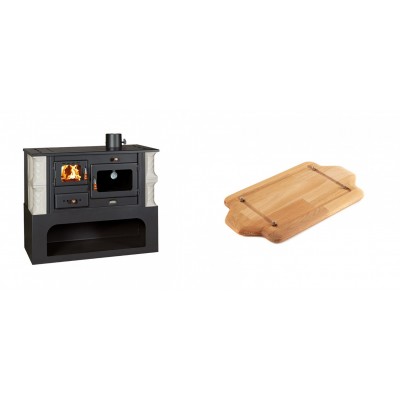 Set Küchenofen / Küchenhexe mit Backofen und Kochplatte Prity, Modell 1P34-K Alba Rechts, Keramikverkleidung, Leistung 10.1kW + Holz untersetzer für mini-gusseisenplatte Solagio HSDDHP1522 - Kaminofen - Holzofen mit Backfach