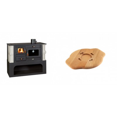 Set Küchenofen / Küchenhexe mit Backofen und Kochplatte Prity, Modell 1P34-K Alba Rechts, Keramikverkleidung, Leistung 10.1kW + Holz untersetzer für gusseisenplatte Solagio HSYSAK20 - Kaminofen - Holzofen mit Backfach