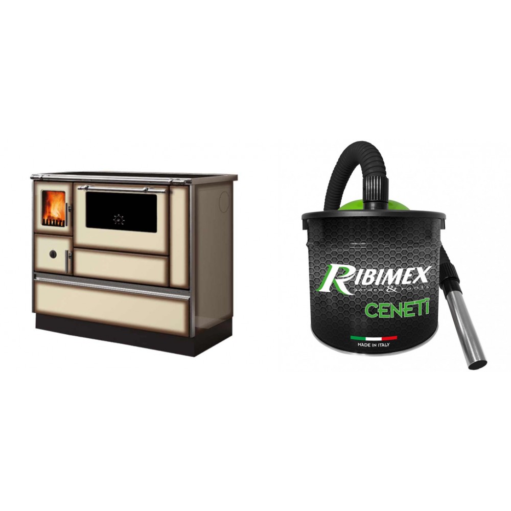 Set Küchenofen Alfa Plam Dominant 90H Light Mocha, 6.5kW + Elektrischer Aschesauger Ribimex, Modell Cenetì, Fassungsvermögen 15 L | Kaminofen - Holzofen mit Backfach | Kaminofen |