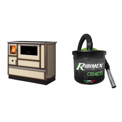 Set Küchenofen Alfa Plam Dominant 90H Light Mocha, 6.5kW + Elektrischer Aschesauger Ribimex, Modell Cenetì, Fassungsvermögen 15 L - Kaminofen - Holzofen mit Backfach