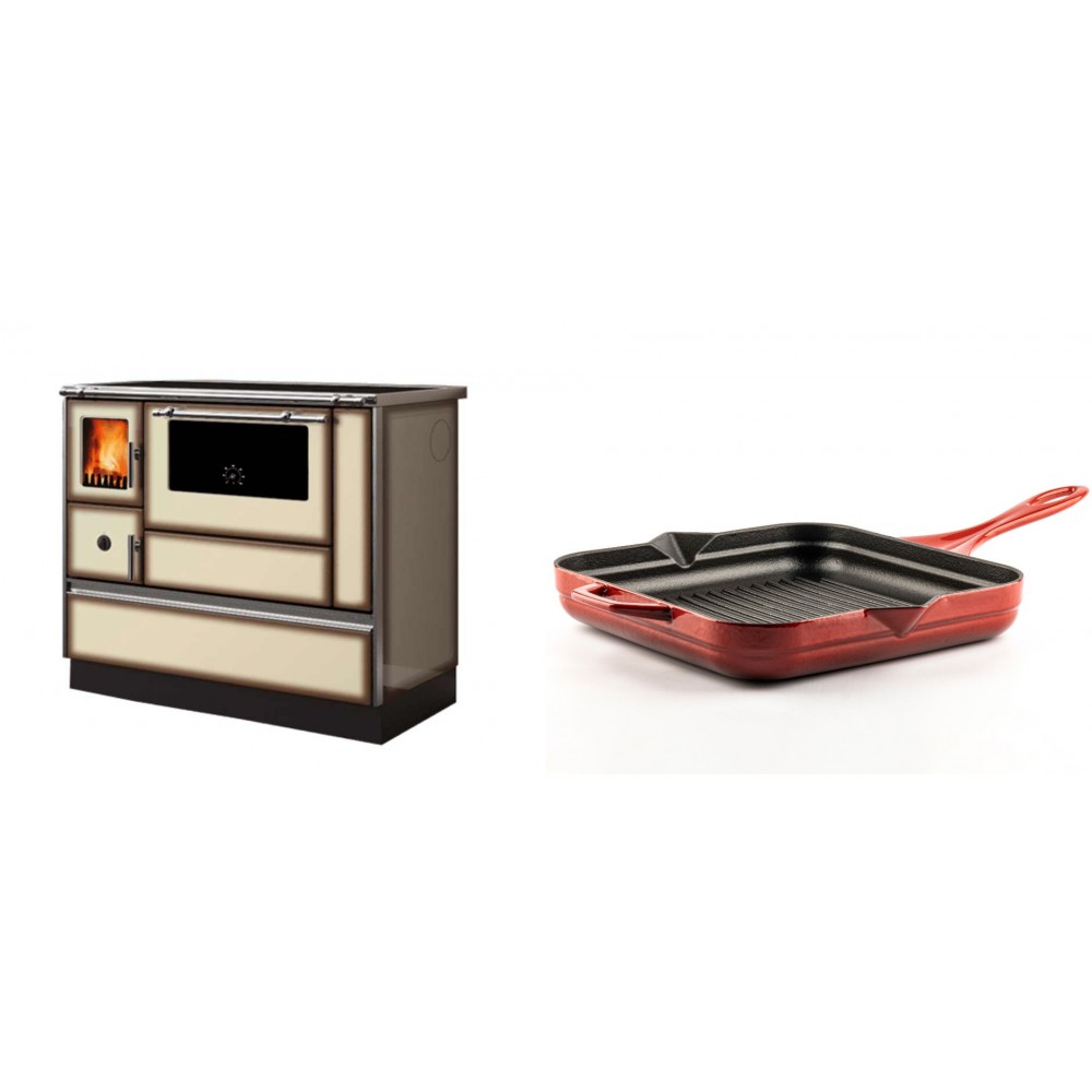 Set Küchenofen Alfa Plam Dominant 90H Light Mocha, 6.5kW + Emaillierte grillpfanne Gusseisen Solagio, Rubin, 28x28cm | Kaminofen - Holzofen mit Backfach | Kaminofen |