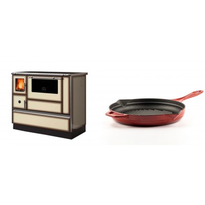 Set Küchenofen Alfa Plam Dominant 90H Light Mocha, 6.5kW + Emaillierte grillpfanne Gusseisen Solagio, Rubin, Ф28cm - Kaminofen - Holzofen mit Backfach