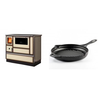 Set Küchenofen Alfa Plam Dominant 90H Light Mocha, 6.5kW + Emaillierte grillpfanne Gusseisen Solagio, Black Onyx, Ф28cm - Kaminofen - Holzofen mit Backfach