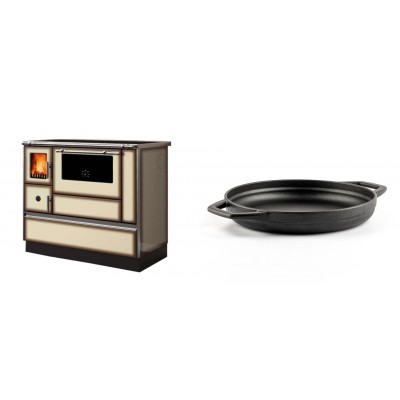 Set Küchenofen Alfa Plam Dominant 90H Light Mocha, 6.5kW + Emaillierte gusseisenpfanne mit zwei Griffen Solagio, Black Onyx, Ф22cm - Kaminofen - Holzofen mit Backfach