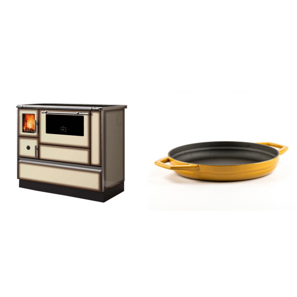 Set Küchenofen Alfa Plam Dominant 90H Light Mocha, 6.5kW + Emaillierte gusseisenpfanne mit zwei Griffen Solagio, Dijon, Ф22cm | Kaminofen - Holzofen mit Backfach | Kaminofen |