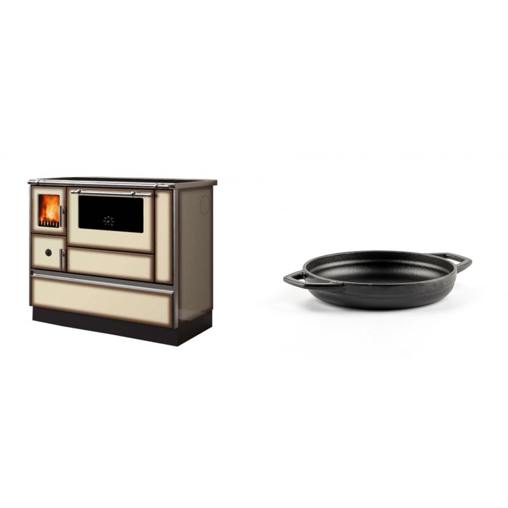 Set Küchenofen Alfa Plam Dominant 90H Light Mocha, 6.5kW + Emaillierte gusseisenpfanne mit zwei Griffen Solagio, Black Onyx, Ф16cm | Kaminofen - Holzofen mit Backfach | Kaminofen |