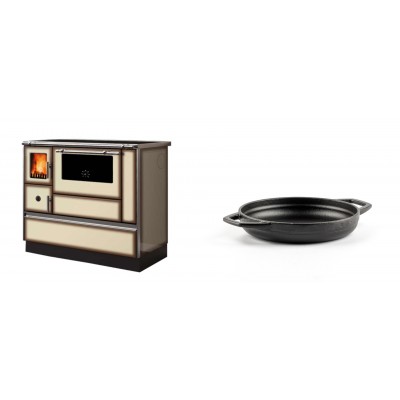 Set Küchenofen Alfa Plam Dominant 90H Light Mocha, 6.5kW + Emaillierte gusseisenpfanne mit zwei Griffen Solagio, Black Onyx, Ф16cm - Kaminofen - Holzofen mit Backfach