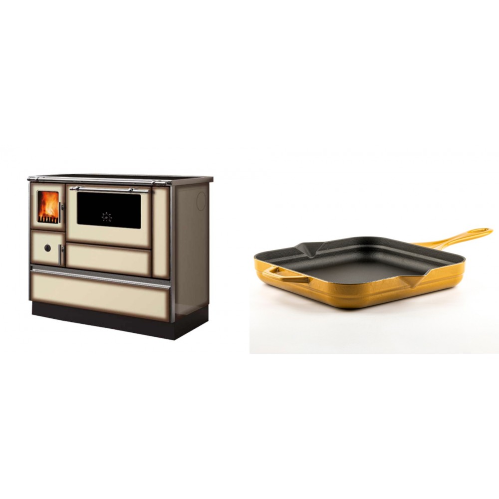 Set Küchenofen Alfa Plam Dominant 90H Light Mocha, 6.5kW + Emaillierte Gusseisenpfanne Solagio, Dijon, 28x28cm
