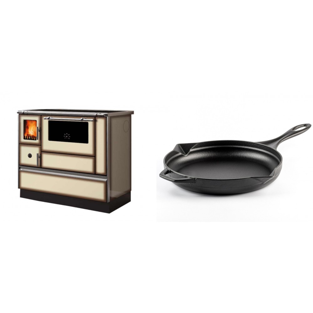 Set Küchenofen Alfa Plam Dominant 90H Light Mocha, 6.5kW + Emaillierte Gusseisenpfanne Solagio, Black Onyx, Ф28cm