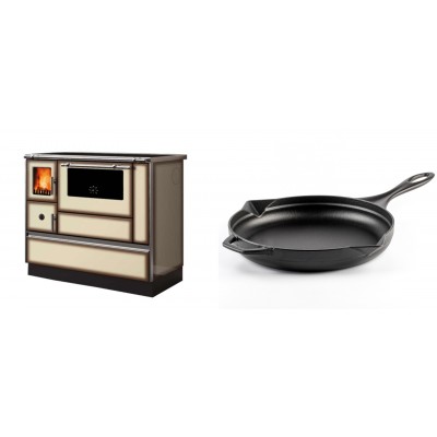 Set Küchenofen Alfa Plam Dominant 90H Light Mocha, 6.5kW + Emaillierte Gusseisenpfanne Solagio, Black Onyx, Ф28cm - Kaminofen - Holzofen mit Backfach