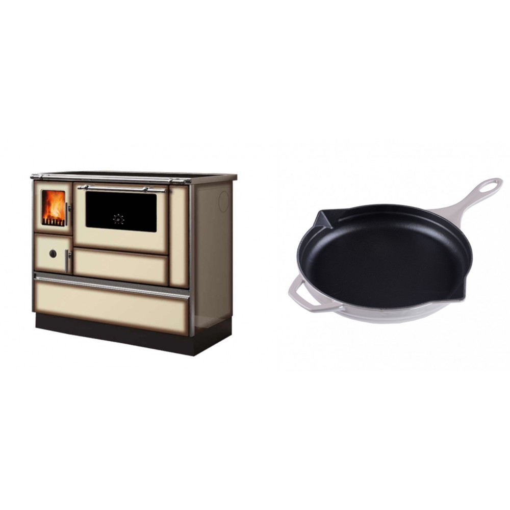 Set Küchenofen Alfa Plam Dominant 90H Light Mocha, 6.5kW + Emaillierte Gusseisenpfanne Solagio, Ivory, Ф28cm | Kaminofen - Holzofen mit Backfach | Kaminofen |