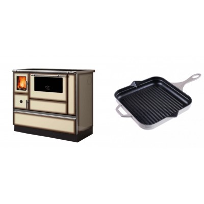 Set Küchenofen Alfa Plam Dominant 90H Light Mocha, 6.5kW + Emaillierte grillpfanne Gusseisen Solagio, Ivory, 28x28cm - Kaminofen - Holzofen mit Backfach