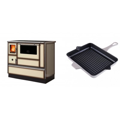 Set Küchenofen Alfa Plam Dominant 90H Light Mocha, 6.5kW + Emaillierte grillpfanne Gusseisen Solagio, Ivory, 26x32cm - Kaminofen - Holzofen mit Backfach