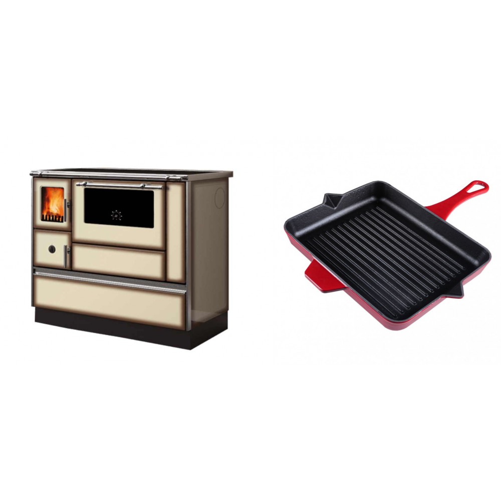 Set Küchenofen Alfa Plam Dominant 90H Light Mocha, 6.5kW + Emaillierte grillpfanne Gusseisen Solagio, Rubin, 26x32cm | Kaminofen - Holzofen mit Backfach | Kaminofen |