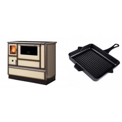 Set Küchenofen Alfa Plam Dominant 90H Light Mocha, 6.5kW + Emaillierte grillpfanne Gusseisen Solagio, Black Onyx, 26x32cm - Kaminofen - Holzofen mit Backfach