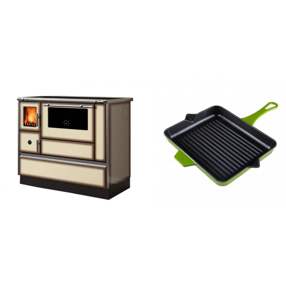 Set Küchenofen Alfa Plam Dominant 90H Light Mocha, 6.5kW + Emaillierte grillpfanne Gusseisen Solagio, Bamboo, 26x32cm | Kaminofen - Holzofen mit Backfach | Kaminofen |