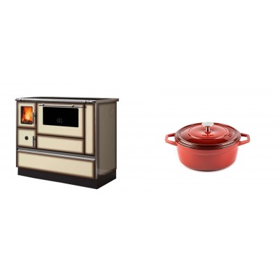 Set Küchenofen Alfa Plam Dominant 90H Light Mocha, 6.5kW + Gusseisen Topf Tiefer Solagio, Rubin, Ф12 - Kaminofen - Holzofen mit Backfach