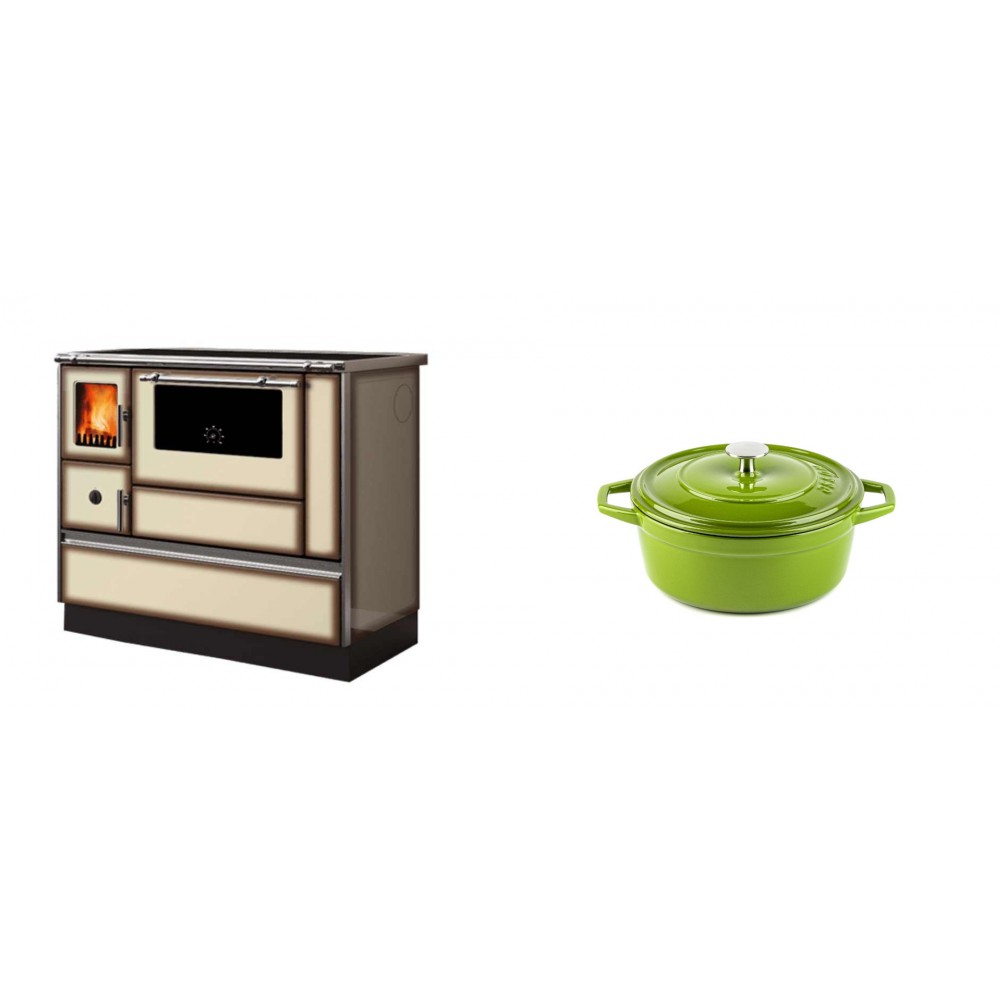 Set Küchenofen Alfa Plam Dominant 90H Light Mocha, 6.5kW + Gusseisen Topf Tiefer Solagio, Bamboo, Ф12 | Kaminofen - Holzofen mit Backfach | Kaminofen |