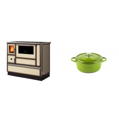 Set Küchenofen Alfa Plam Dominant 90H Light Mocha, 6.5kW + Gusseisen Topf Tiefer Solagio, Bamboo, Ф12 - Kaminofen - Holzofen mit Backfach