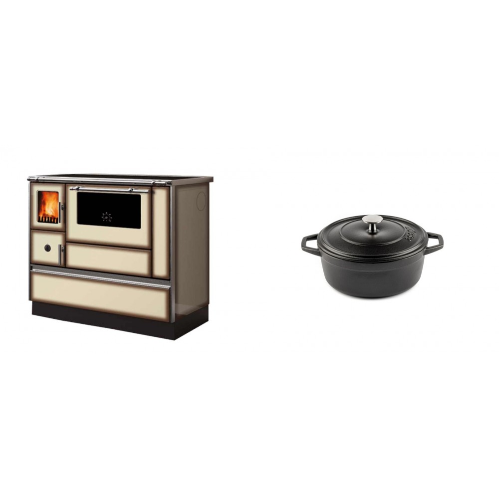 Set Küchenofen Alfa Plam Dominant 90H Light Mocha, 6.5kW + Gusseisen Topf Tiefer Solagio, Black Onyx, Ф12 | Kaminofen - Holzofen mit Backfach | Kaminofen |