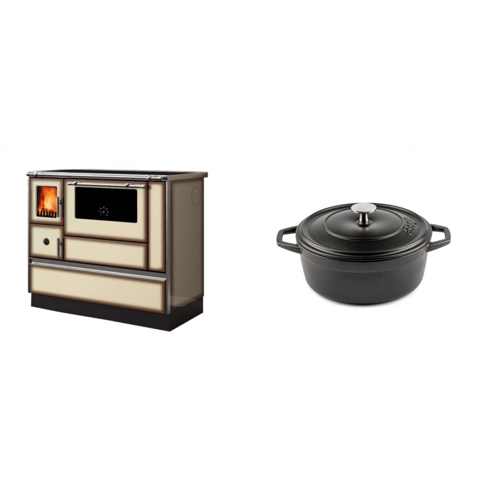 Set Küchenofen Alfa Plam Dominant 90H Light Mocha, 6.5kW + Gusseisen Topf Tiefer Solagio, Black Onyx, Ф20 | Kaminofen - Holzofen mit Backfach | Kaminofen |