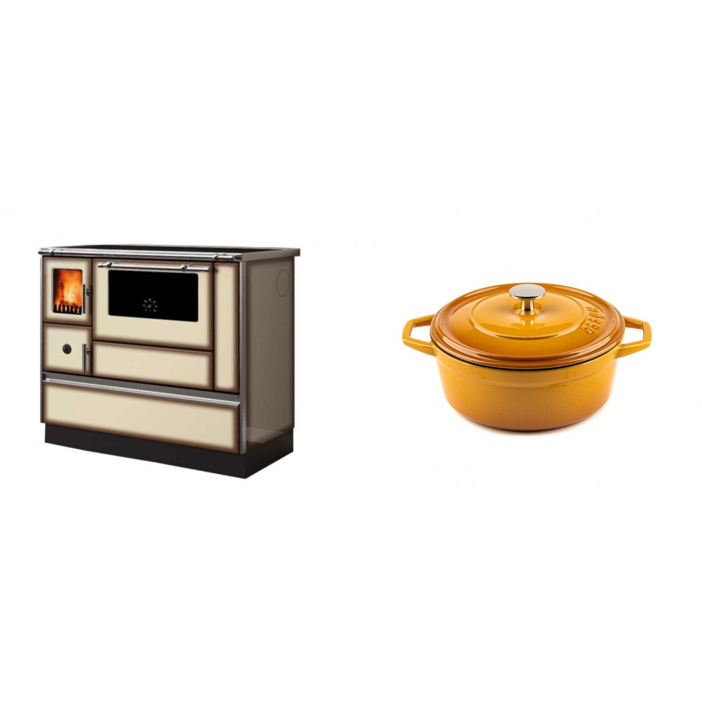 Set Küchenofen Alfa Plam Dominant 90H Light Mocha, 6.5kW + Gusseisen Topf Tiefer Solagio, Dijon, Ф20