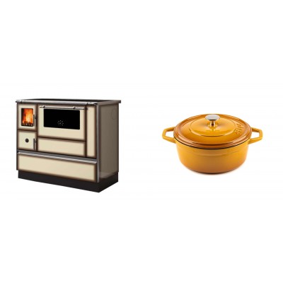 Set Küchenofen Alfa Plam Dominant 90H Light Mocha, 6.5kW + Gusseisen Topf Tiefer Solagio, Dijon, Ф20 - Kaminofen - Holzofen mit Backfach