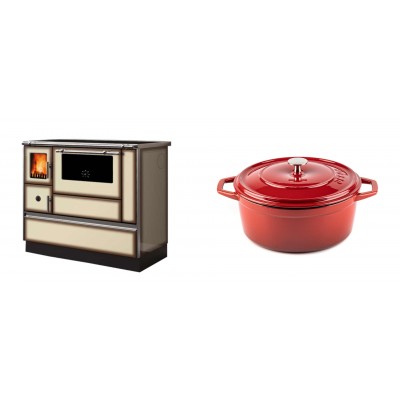 Set Küchenofen Alfa Plam Dominant 90H Light Mocha, 6.5kW + Gusseisen Topf Tiefer Solagio, Rubin, Ф24 - Kaminofen - Holzofen mit Backfach