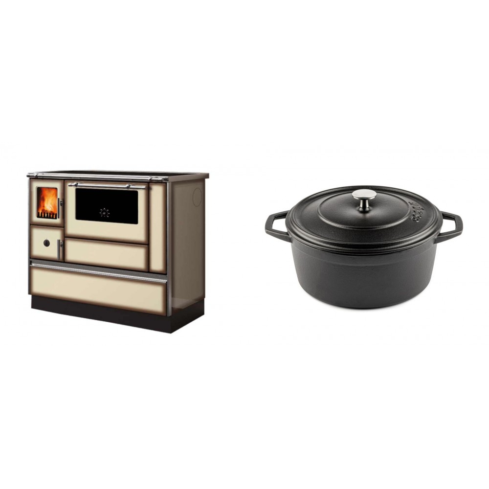 Set Küchenofen Alfa Plam Dominant 90H Light Mocha, 6.5kW + Gusseisen Topf Tiefer Solagio, Black Onyx, Ф24 | Kaminofen - Holzofen mit Backfach | Kaminofen |