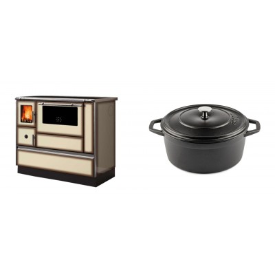 Set Küchenofen Alfa Plam Dominant 90H Light Mocha, 6.5kW + Gusseisen Topf Tiefer Solagio, Black Onyx, Ф24 - Kaminofen - Holzofen mit Backfach
