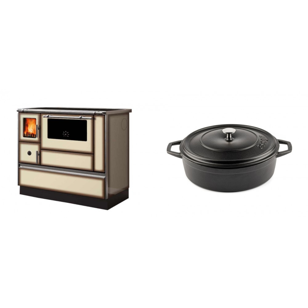 Set Küchenofen Alfa Plam Dominant 90H Light Mocha, 6.5kW + Gusseisen Topf Flach Solagio, Black Onyx, Ф26 | Kaminofen - Holzofen mit Backfach | Kaminofen |