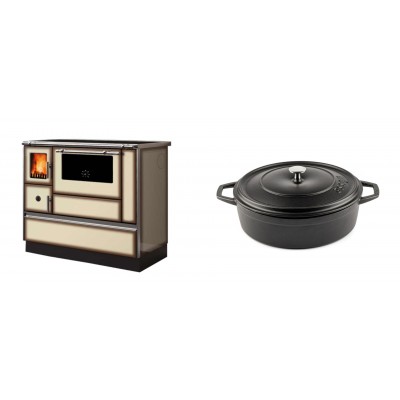 Set Küchenofen Alfa Plam Dominant 90H Light Mocha, 6.5kW + Gusseisen Topf Flach Solagio, Black Onyx, Ф26 - Kaminofen - Holzofen mit Backfach