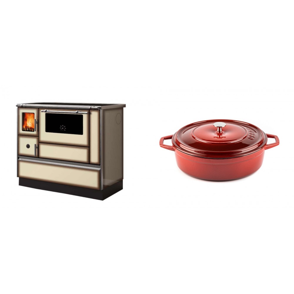Set Küchenofen Alfa Plam Dominant 90H Light Mocha, 6.5kW + Gusseisen Topf Flach Solagio, Rubin, Ф26