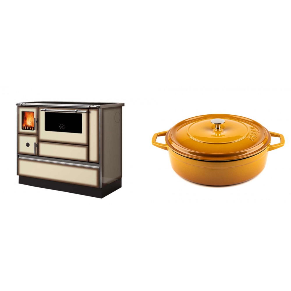 Set Küchenofen Alfa Plam Dominant 90H Light Mocha, 6.5kW + Gusseisen Topf Flach Solagio, Dijon, Ф28