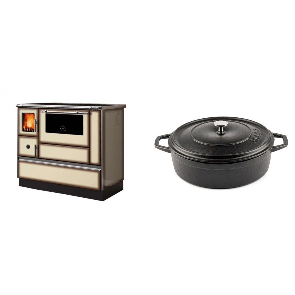 Set Küchenofen Alfa Plam Dominant 90H Light Mocha, 6.5kW + Gusseisen Topf Flach Solagio, Black Onyx, Ф28 | Kaminofen - Holzofen mit Backfach | Kaminofen |