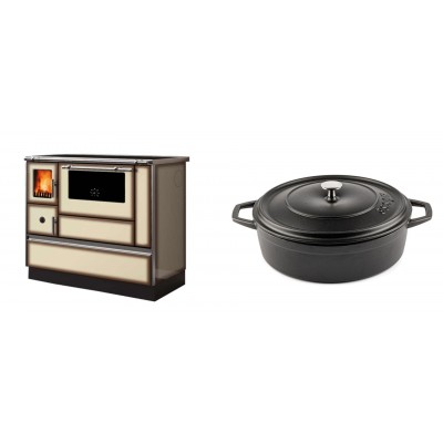 Set Küchenofen Alfa Plam Dominant 90H Light Mocha, 6.5kW + Gusseisen Topf Flach Solagio, Black Onyx, Ф28 - Kaminofen - Holzofen mit Backfach