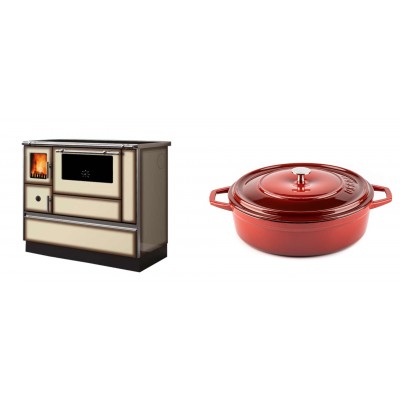 Set Küchenofen Alfa Plam Dominant 90H Light Mocha, 6.5kW + Gusseisen Topf Flach Solagio, Rubin, Ф28 - Kaminofen - Holzofen mit Backfach