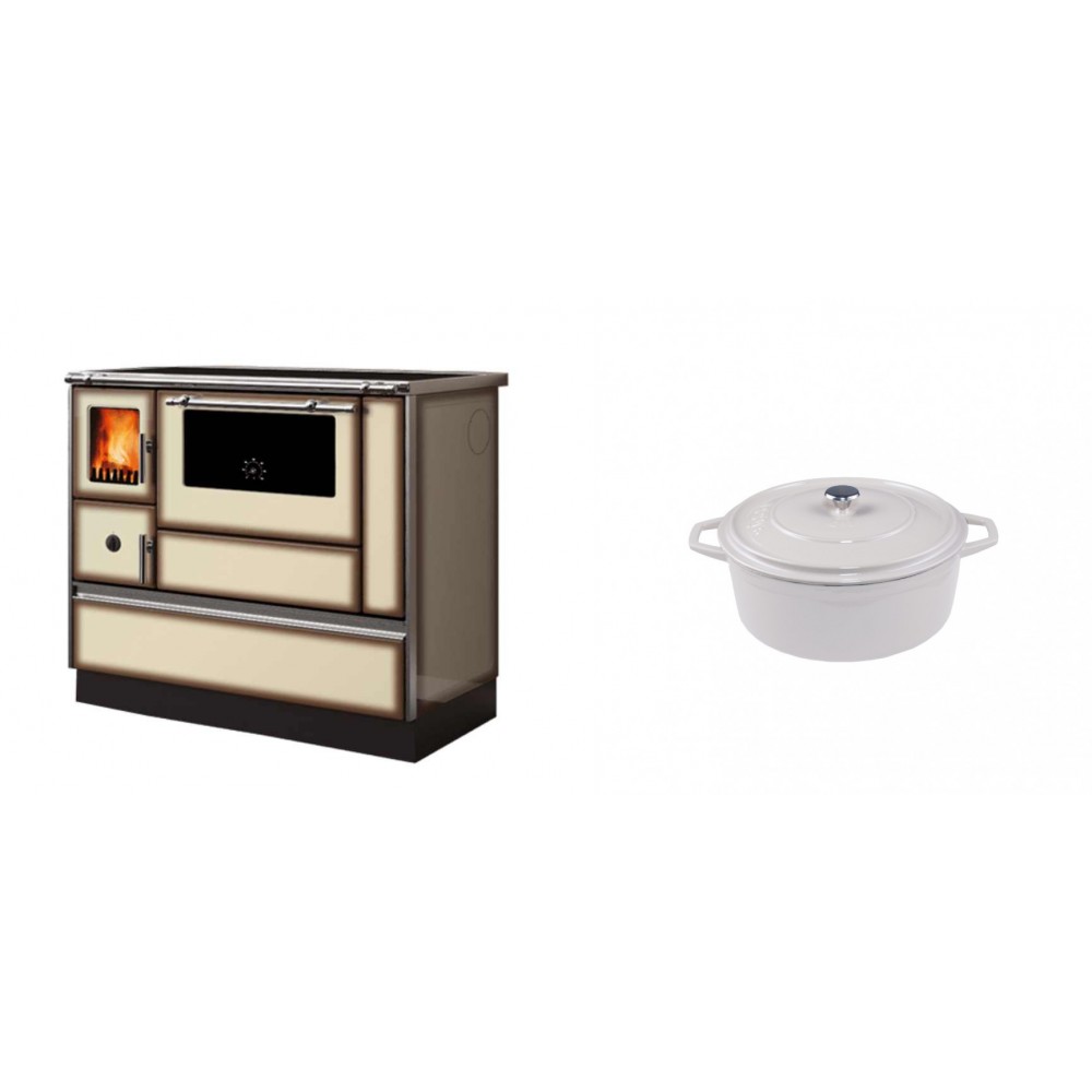 Set Küchenofen Alfa Plam Dominant 90H Light Mocha, 6.5kW + Gusseisen Topf Tiefer Solagio, Ivory, Ф12 | Kaminofen - Holzofen mit Backfach | Kaminofen |