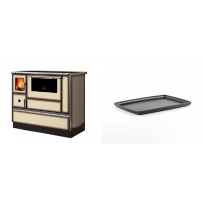 Set Küchenofen Alfa Plam Dominant 90H Light Mocha, 6.5kW + Rechteckige Servierplatte aus Gusseisen Solagio, 21x31cm - Kaminofen - Holzofen mit Backfach
