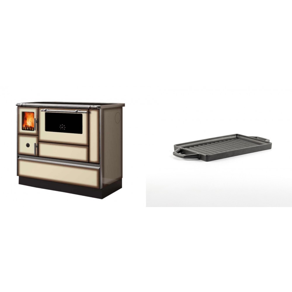 Set Küchenofen Alfa Plam Dominant 90H Light Mocha, 6.5kW + Mini-Grillplatte aus Gusseisen Solagio, 15.5x22.5cm | Kaminofen - Holzofen mit Backfach | Kaminofen |