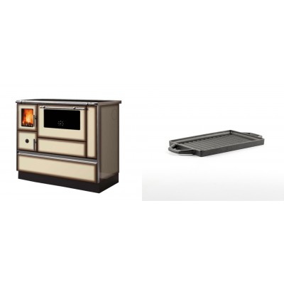 Set Küchenofen Alfa Plam Dominant 90H Light Mocha, 6.5kW + Mini-Grillplatte aus Gusseisen Solagio, 15.5x22.5cm - Kaminofen - Holzofen mit Backfach