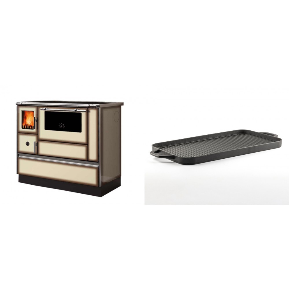 Set Küchenofen Alfa Plam Dominant 90H Light Mocha, 6.5kW + Große Grillplatte aus Gusseisen Solagio, 25x44cm | Kaminofen - Holzofen mit Backfach | Kaminofen |