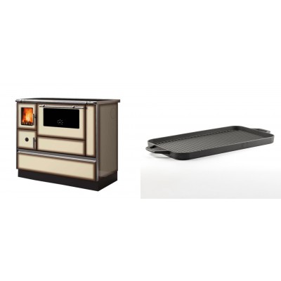 Set Küchenofen Alfa Plam Dominant 90H Light Mocha, 6.5kW + Große Grillplatte aus Gusseisen Solagio, 25x44cm - Kaminofen - Holzofen mit Backfach