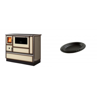 Set Küchenofen Alfa Plam Dominant 90H Light Mocha, 6.5kW + Gusseiserne auflaufform Solagio oval, 17x28cm - Kaminofen - Holzofen mit Backfach