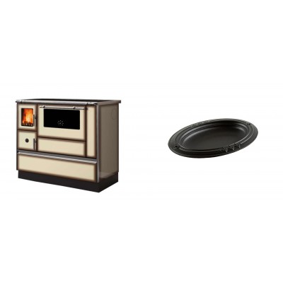 Set Küchenofen Alfa Plam Dominant 90H Light Mocha, 6.5kW + Gusseiserne auflaufform Solagio oval, 25x33cm - Kaminofen - Holzofen mit Backfach